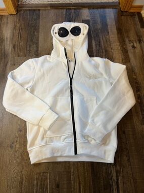 C.P. Company Men’s White Zip-Up Hoodie with Black Zipper and Goggle Hood